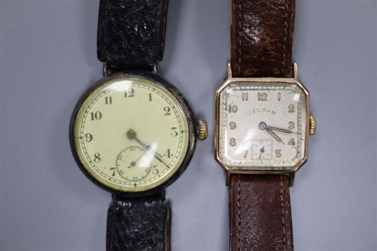 A gentlemans 9ct gold Lecram manual wind wrist watch and a similar early 20th century silver wrist watch.
